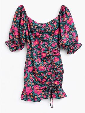 Peach Floral Ruched Mini Dress M Puff Sleeve Cottagecore Pink Green Stretch